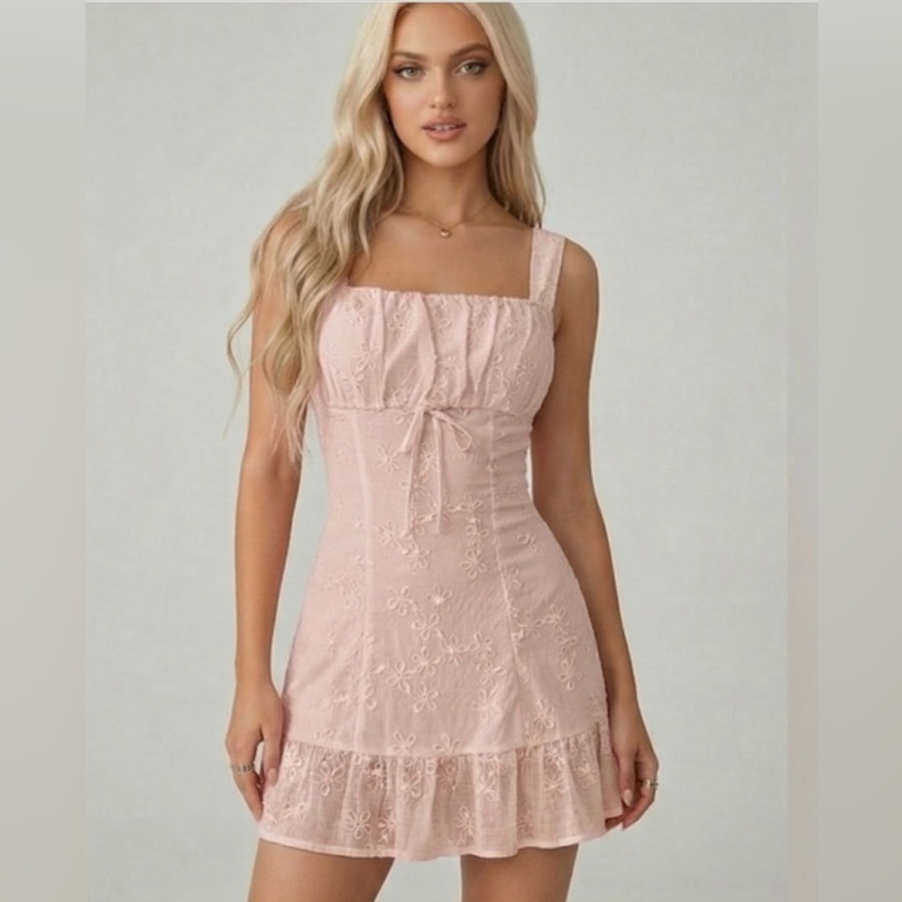 Boho Pink Floral  Mini Dress - Square Neck Fit & Flare